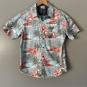 Ron Jon Surf Shop Toucan Tropical Flower Hawaiian Button Down | Chambray + Coral